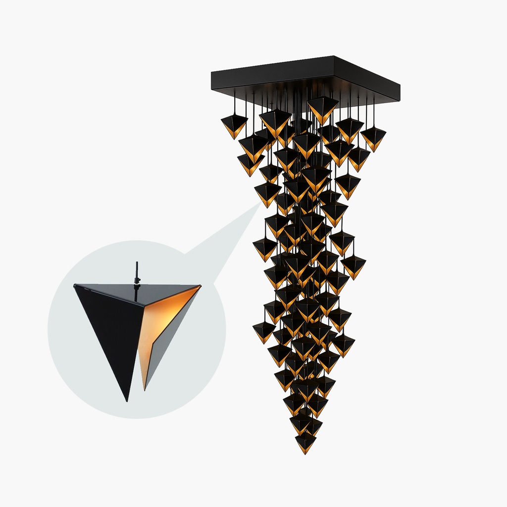 Origami - Luminaria decorativa suspendida monumental. 76 portalámparas E14 cubiertos por volúmenes de acero plegados, suspendidos en una estructura de base 170x168 cm y largo 817 cm. 