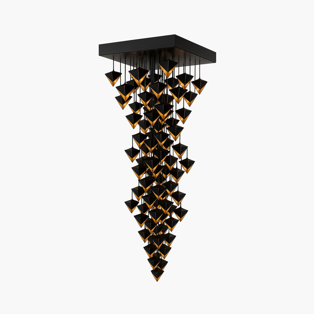 Origami - Luminaria decorativa suspendida monumental. 76 portalámparas E14 cubiertos por volúmenes de acero plegados, suspendidos en una estructura de base 170x168 cm y largo 817 cm. 